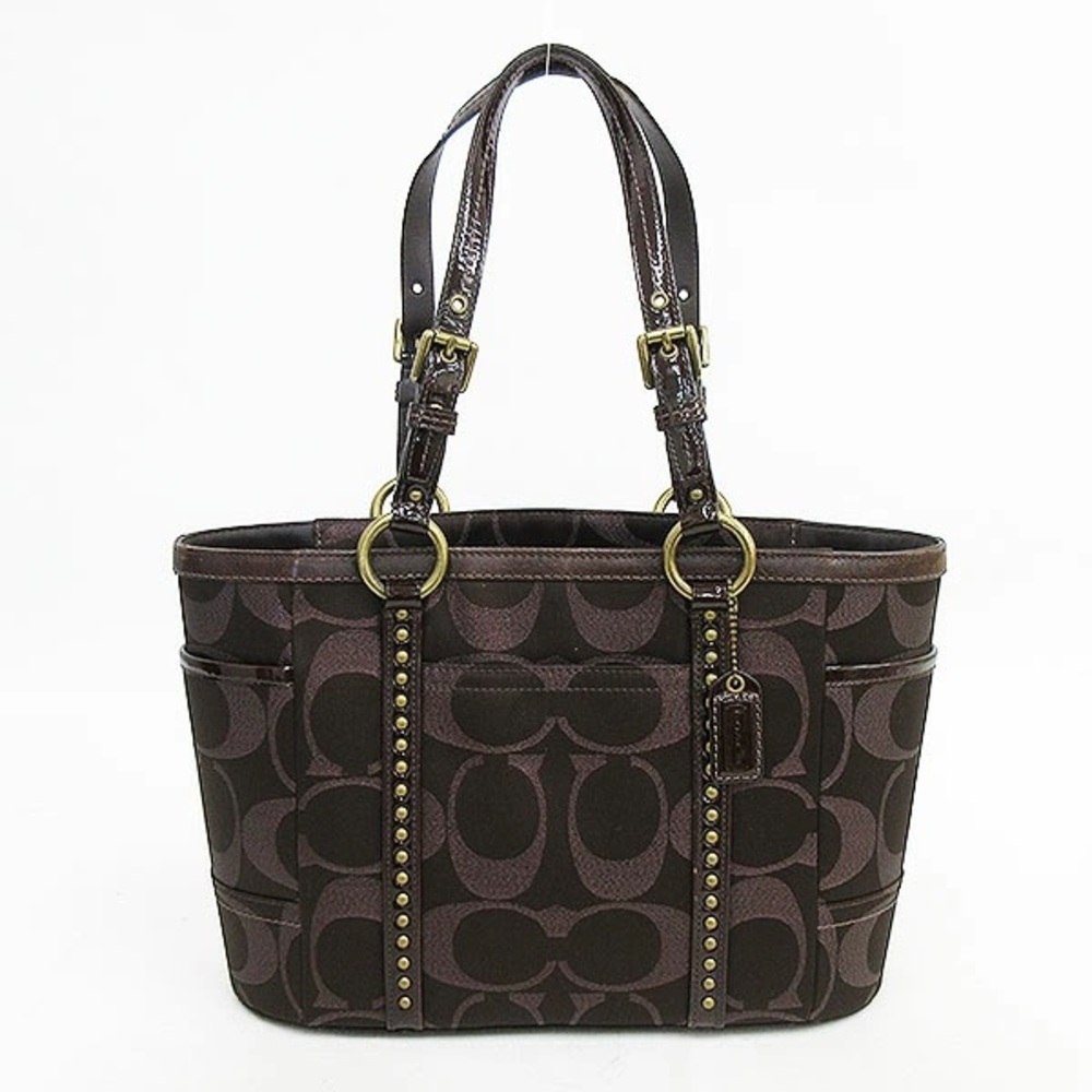 COACH Gallery Metallic Dark Chocolate Bronze Jacquard Signature Studded Tote